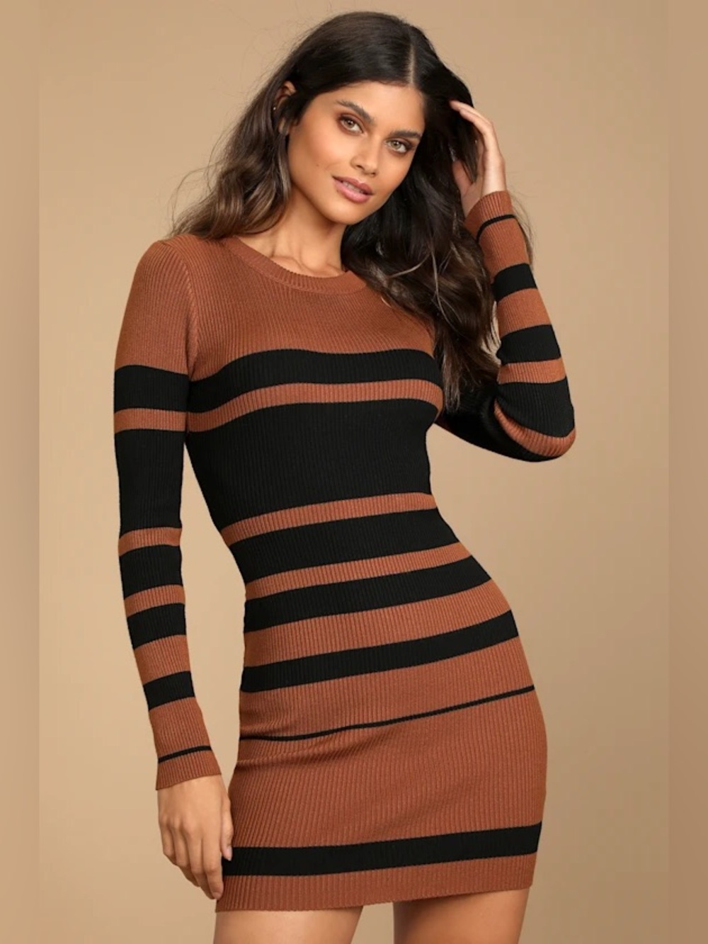 Lulu's Brown and Black Striped Ribbed Long Sleeve Bodycon Dress